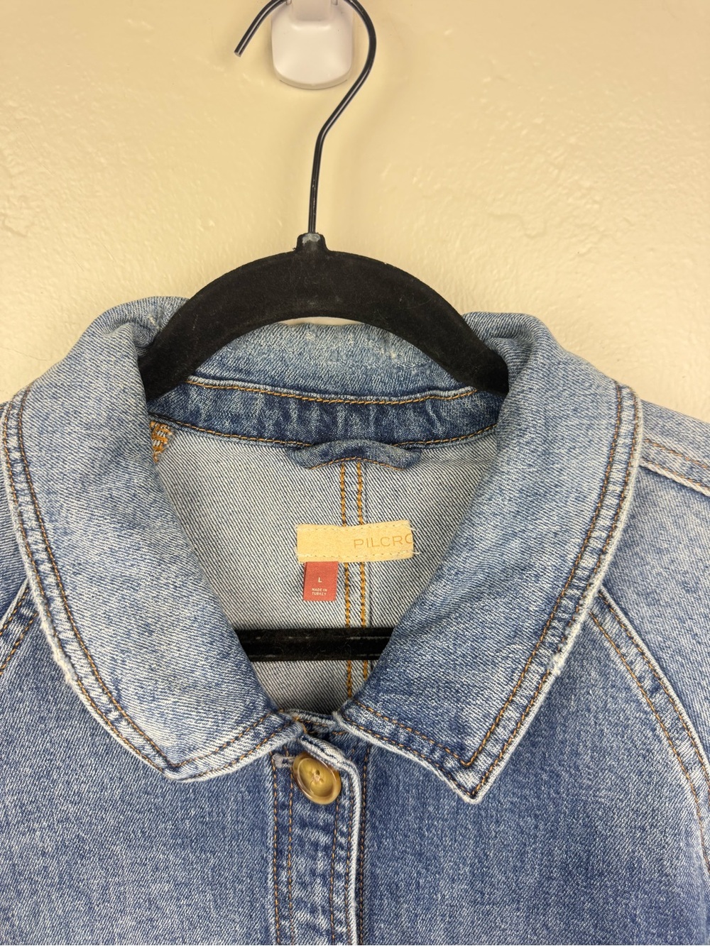 Pilcro Bell Sleeve Denim Trucker Jacket Large Anthropologie 70s Boho - Picture 3 of 6